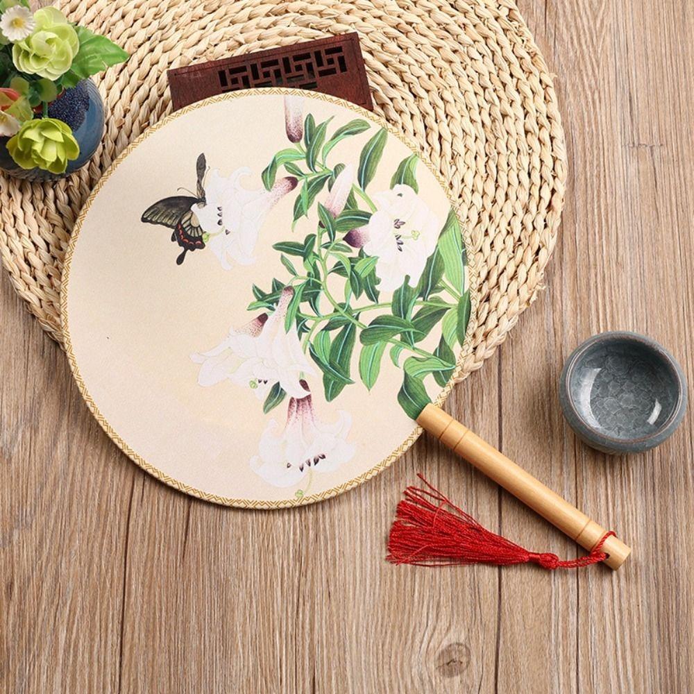 Dance Performance Handheld Chinese Style Fan Floral Pattern with Tassels Pendant Silk Fan Vintage Ancient Tuan Fan Home Decor