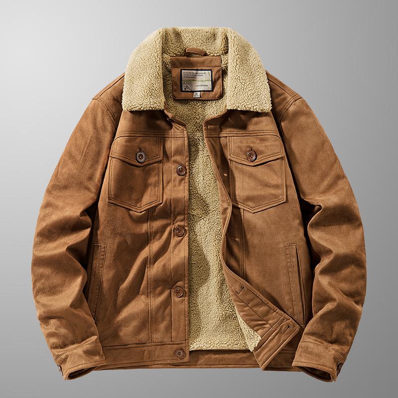 Autumn and Winter Suede Jacket Men's Velvet Thickened Lapel Multi-pocket Sherpa Warm Jacket