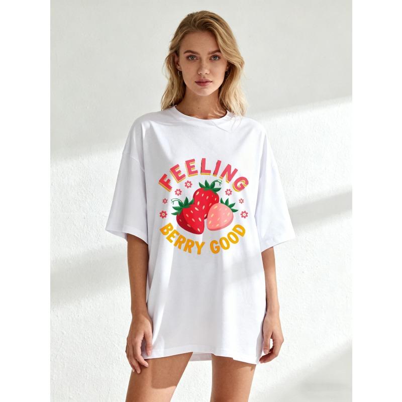 Feeling Berry Good Oversized T Shirt Black Strawberry Print And Text Casual Summer Wear For Women