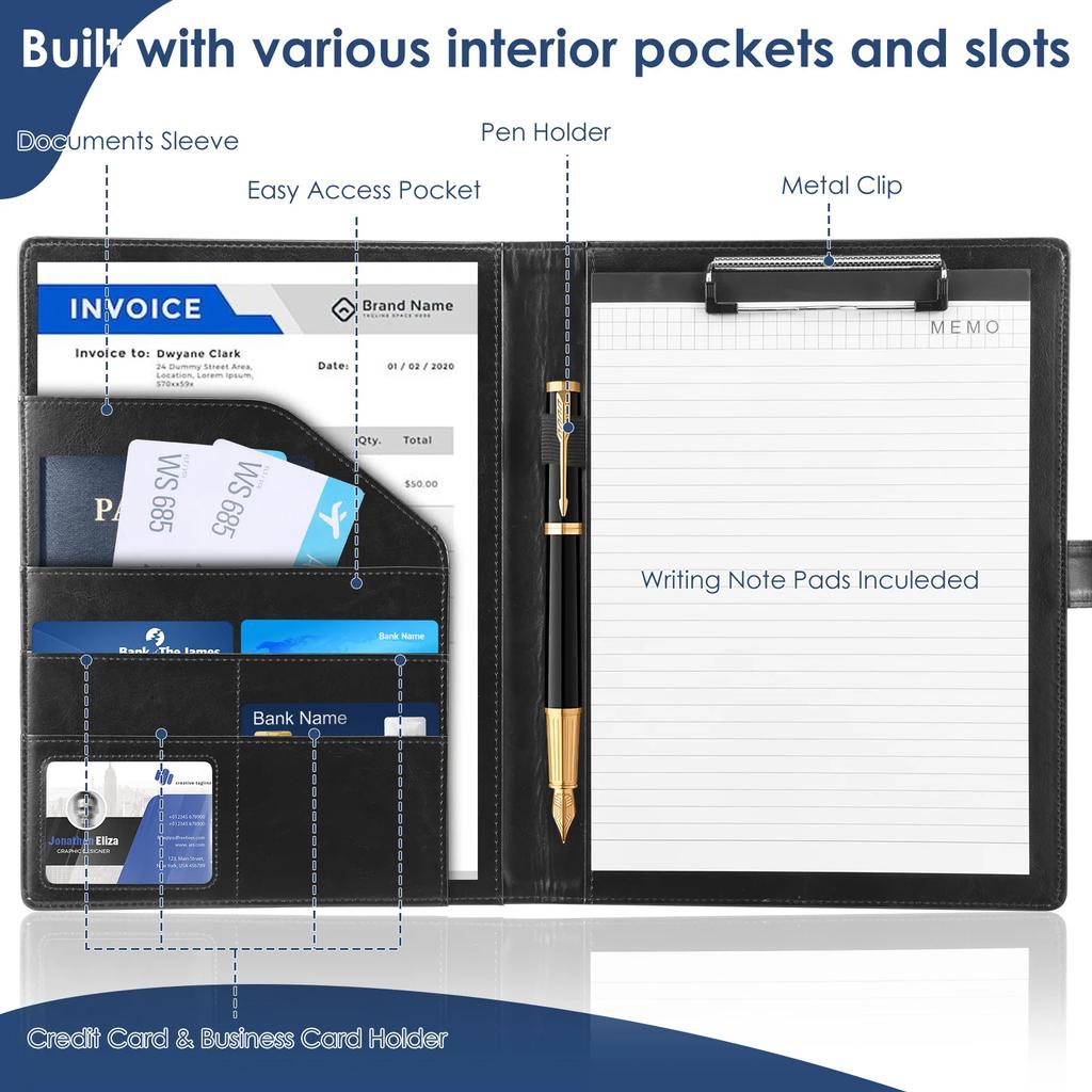 Professional Leather Portfolio Folder Binder Legal Pad Holder A4 Notepad Resume Writing Pad Conference Document File Organizer