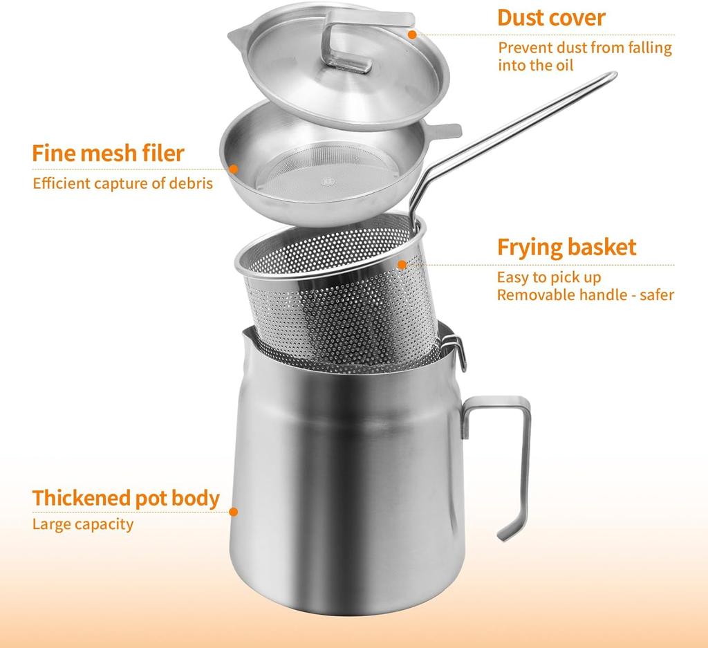 Steel Oil Filter Pot with Deep Fryer Basket - Kitchen Large Capacity Versatile Oil Strainer Vessel and Bacon