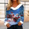 Women's Casual Long Sleeve Christmas Print Plush Collar Top for Winter Holiday Festive