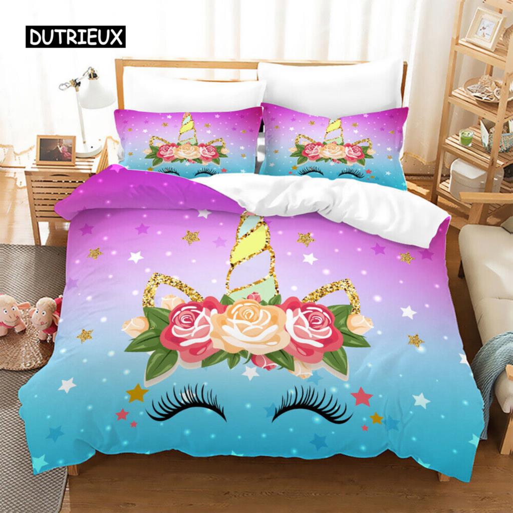 Unicorn Duvet Cover Set Cartoon Animal Galaxy Star Floral Bedding Set for Kids Girls Polyester Romantic Theme Comforter Cover