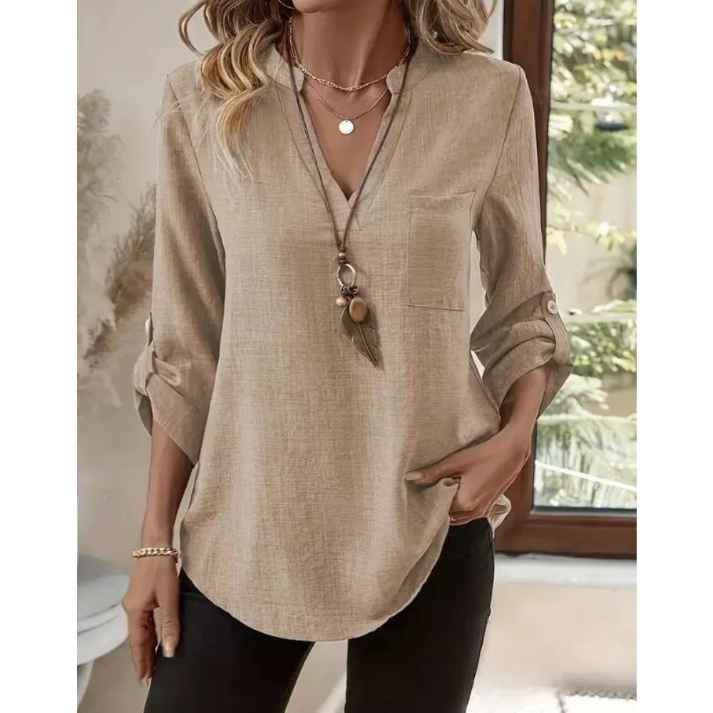 IHUASU Women's Fashion Casual Solid Color Print Long Sleeve V Neck Blouses & Shirts