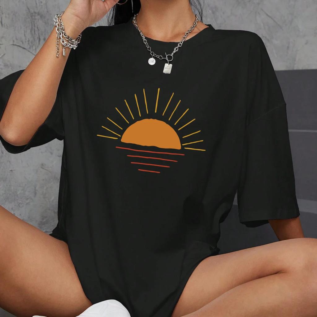 Creative Sun Printing Tshirt Women Hip Hop Summer Tops Crewneck AllMatch Short Sleeve Comfortable FeUnisex Clothing