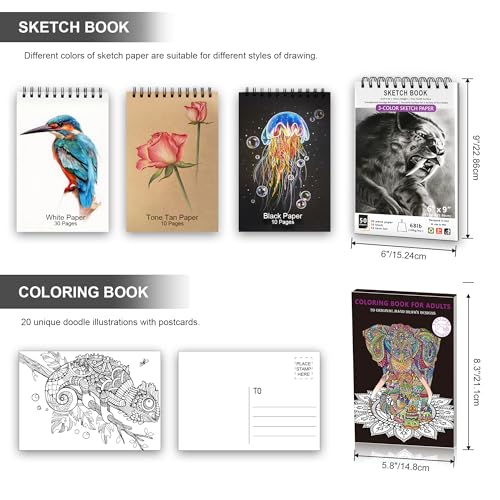 HIFORNY Professional Drawing & Sketching Set: Includes Graphite, Charcoal, Color, Watercolor, and Metallic Pencils, Blending Tool, Sketchbook, Colorin