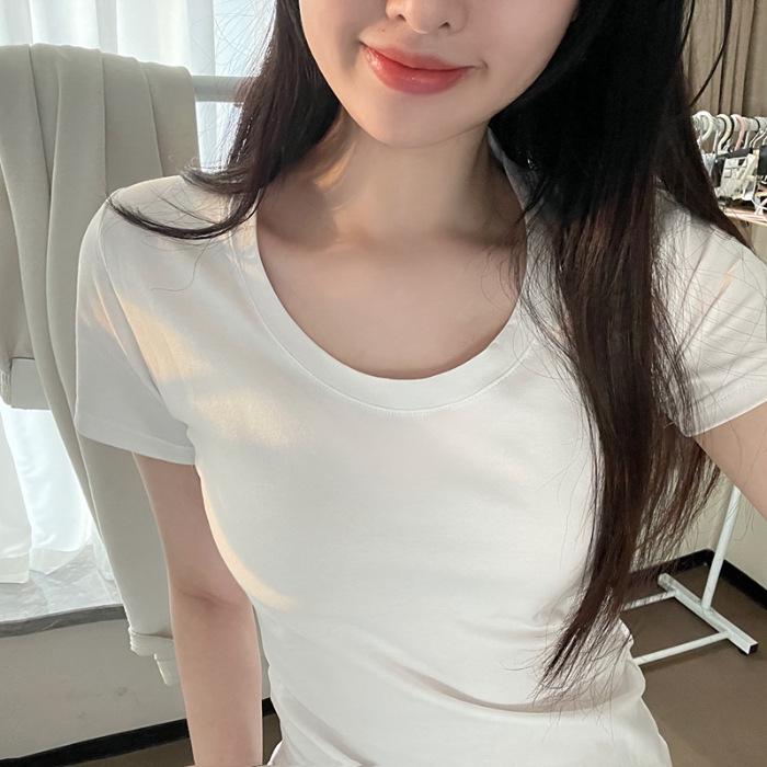 Tricou de damă cu mânecă scurtă, croială slim, decolteu în U - Top până la talie, vara 2024