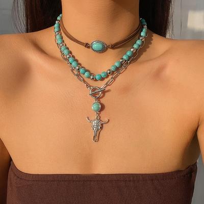 Salircon 3pcs Set Vintage Ethnic Style Bull Head Pendant Necklace for Women Exquisite Green Stone Beads Clavicle Chain Jewelry