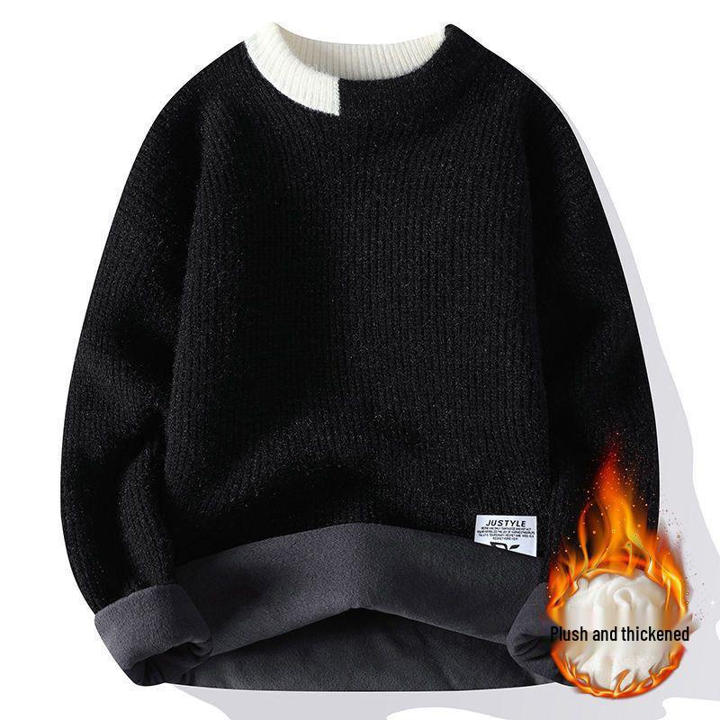 Men's Velvet Thick Knit Sweater - Autumn/Winter Round Neck Trendy Warmwear for Teen Students