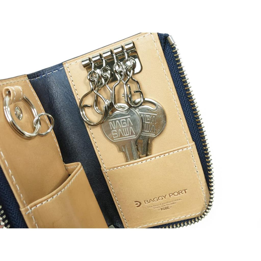 Baggy Port Key Case, Indigo-Dyed Leather with Straight Embossed Pattern, Men's, Women's, Unisex, Key Ring, ZYS-293 (Dark Blue)
