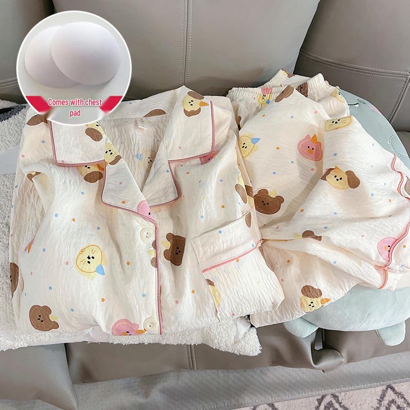 Damen Cartoon Pyjama-Set aus Wolkenbaumwolle mit Brustpolster - Langarm-Cardigan und Revers für Frühling und Herbst