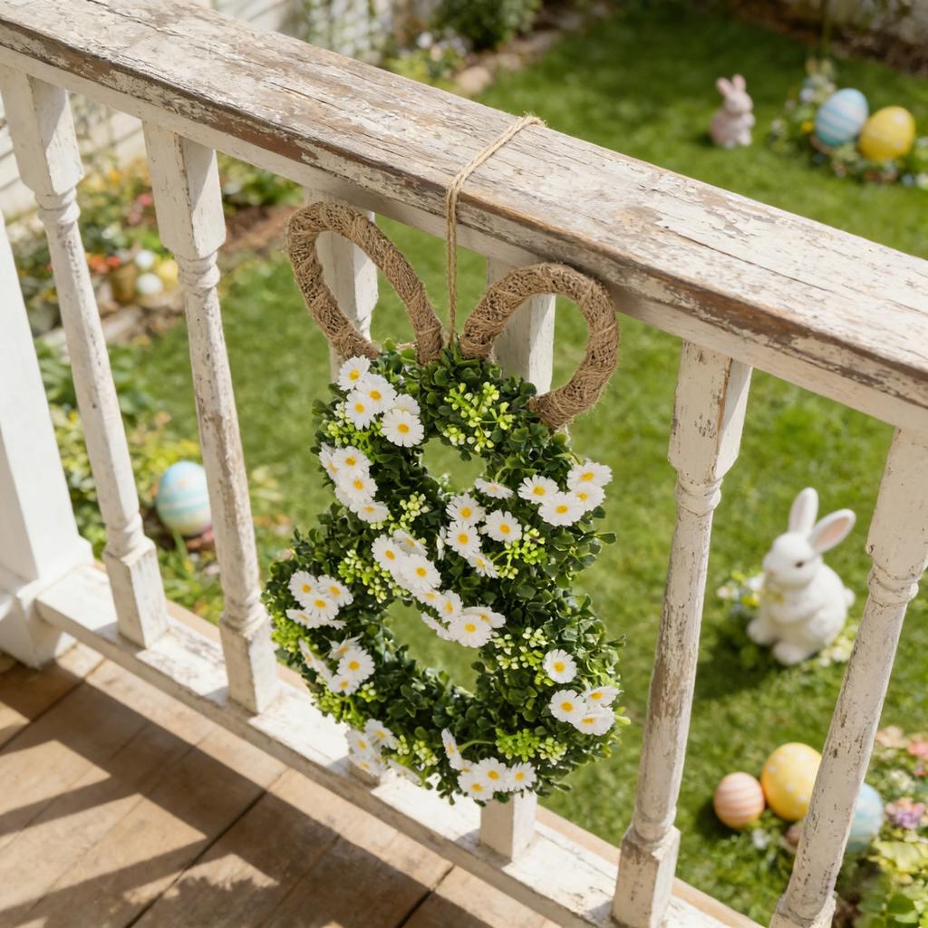 50*25cm Easter Bunny Wreath With Flowers, Bunny Shaped Pendant, Front Door Decoration
