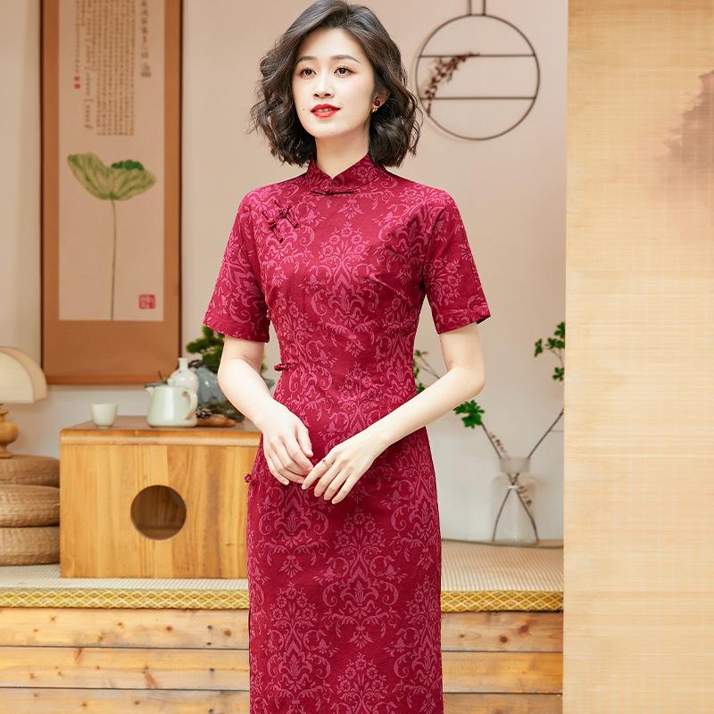 Chinese style women's clothing summer new red cotton and linen daily improvement cheongsam dress 11017