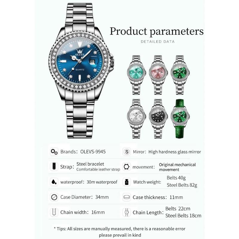OLEVS Kvartsklokke for kvinner Diamond Dial Luxury Rustfritt stål Vanntett Elegant Dame Mote Topp Merke Dameklokke