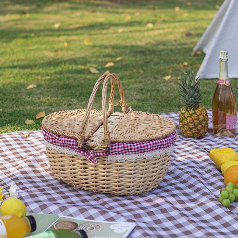Portable Rattan Woven Picnic Basket with Lid - Small Outdoor Floral & Fruit Basket