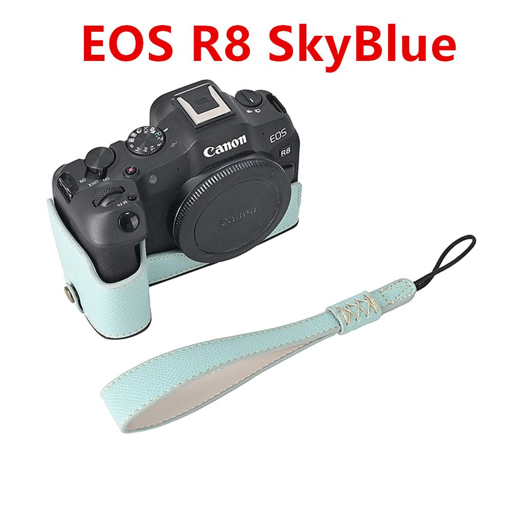 Palm Print PU Leather Camera Half Case For Canon EOS R50 R10 R8 Battery Opening Bottom Cover With Hand Strap