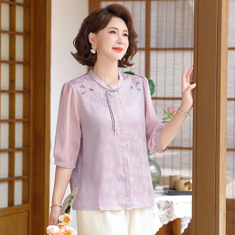 Chinese-Style Summer Top for Mothers: Lightweight, Seven-Point Sleeves, Plus Size, National Style, Ideal for Middle-Aged and Elderly Women
