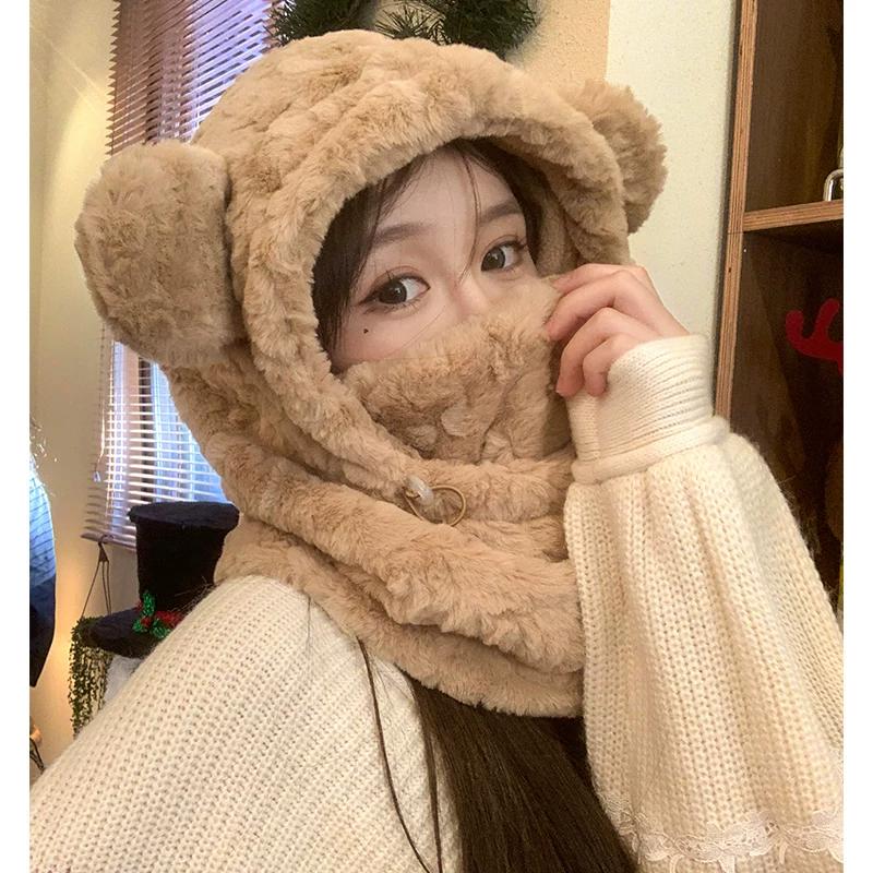 Bear Hat and Scarf Set for Women, Winter Warm and Cute Plush Ear-Protecting Lei Feng Hat, Cycling Three-Piece Set with Neck Warmer for Winter