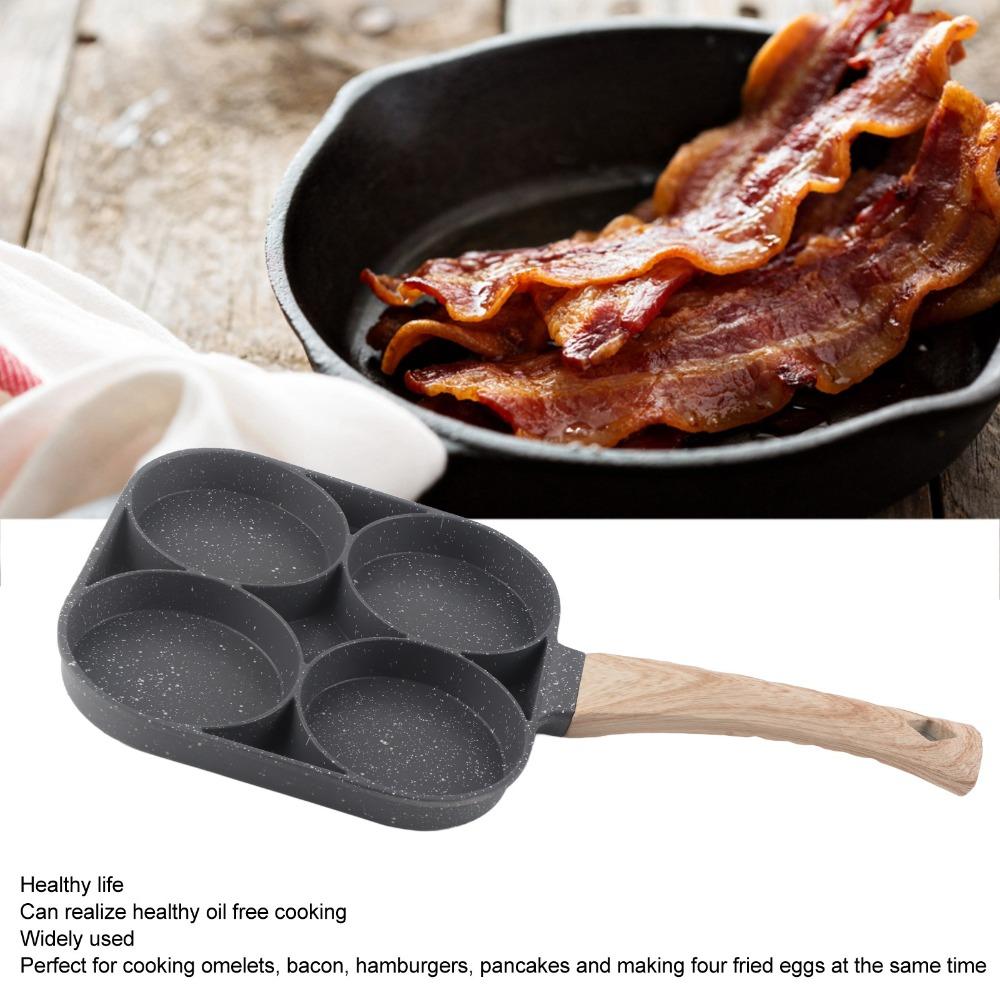 4 Cup Egg Pan Non-Stick Wood Handle Pancake Pan Heavy Duty Aluminum Alloy Breakfast Skillet Bacon/Burgers/Omelet
