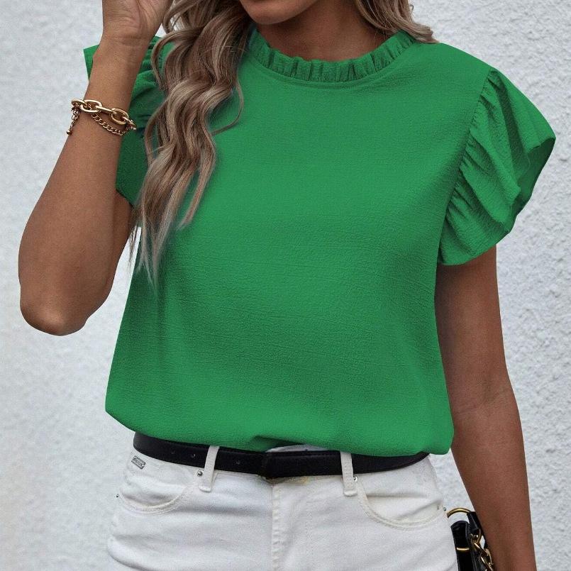 Lässiges Rüschenhemd Süßer Rundhalsausschnitt Damenblusen & -hemden