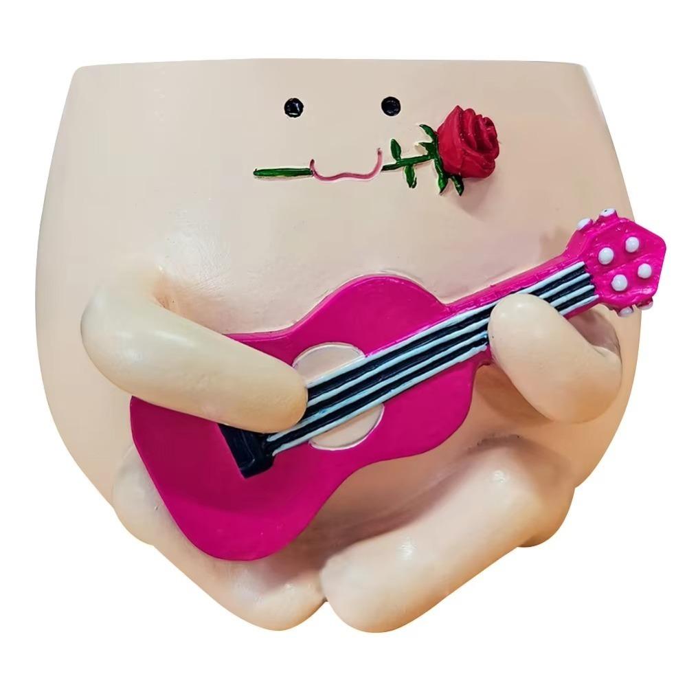 Cartoon Ukulele Flower Pot Cute Smile Face Planter Pot  For Indoor Outdoor Plant