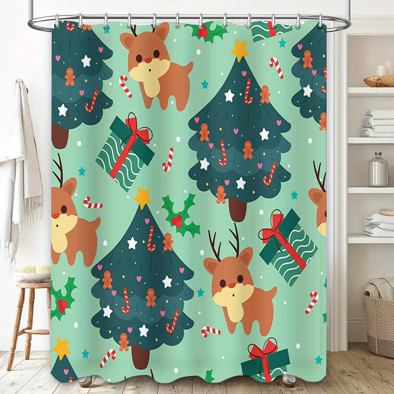 Christmas Shower Curtain with Reindeer Trees: Festive Decor for Your Bathroom Blue Green Xmas Holiday Print Bathroom Curtains Wa