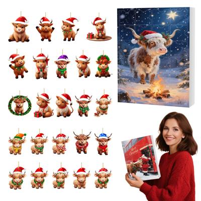 Skotská vysočinská kráva Adventní kalendář Vánoce 24 dní Vtipný odpočet s krávou 2D design Sváteční závěsná dekorace