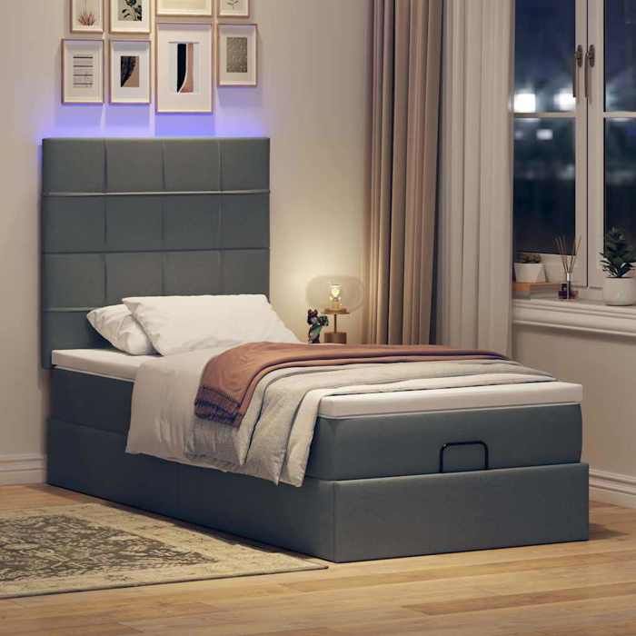 VidaXL Ottoman Bed with Mattress and LED Dark Grey 90x200 Cm Fabric 3313976