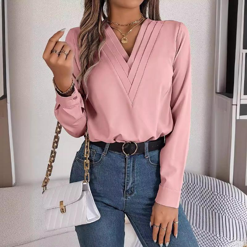 Elegant Fashion Layered V-neck Long Sleeved Women Shirt Solid Color Loose Casual Simple Office Blouse Ladies Basic Spring Autumn Tops Women's Clothing