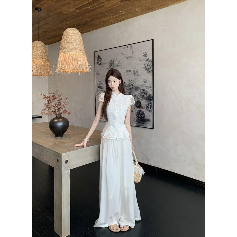 Kumikumi New Chinese Style Set Elegant Stand Collar Lace Shirt Women clothes Summer High Waist Drape Wide Leg Pants Two-piece Set