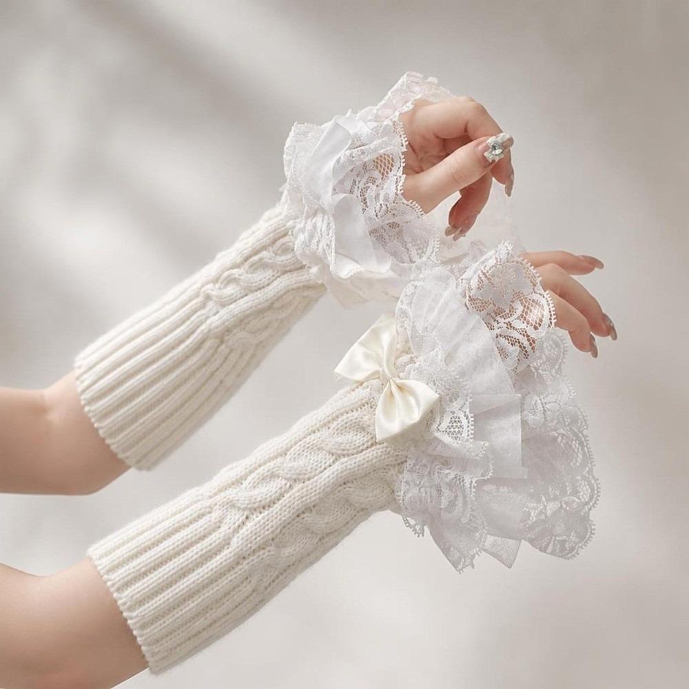 1 pair Lace Ruffle Arm Warmers Gloves Detachable Fingerless Half Gloves False Sleeve Winter Wear