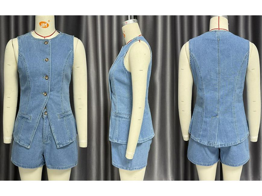 Spring/Summer 2025 European & American Fashion Sleeveless High Waist Loose Denim Shorts Set