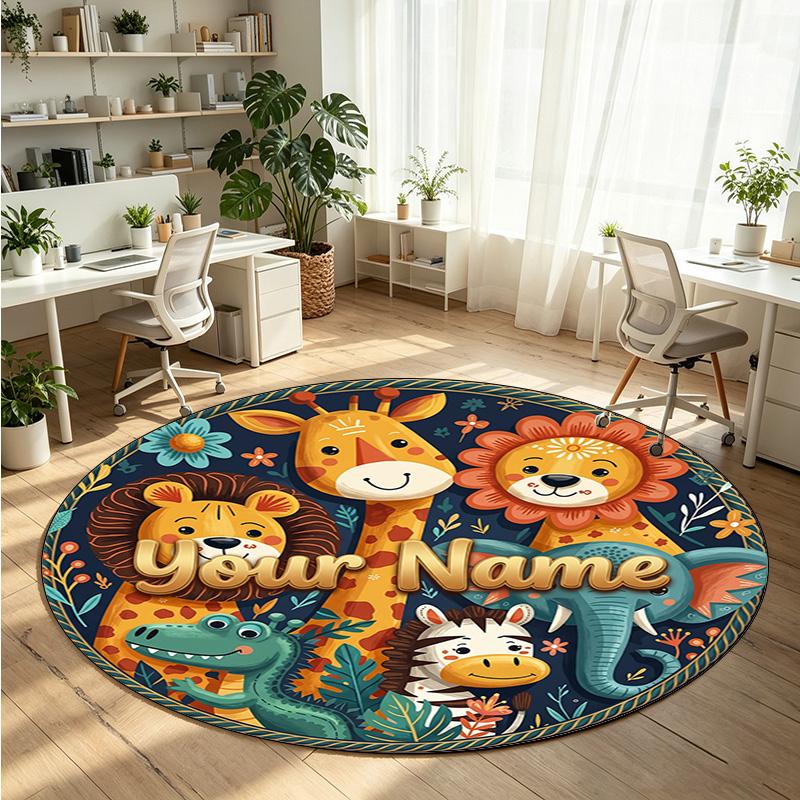 Wild Animals (518) Theme Round Crystal Velvet Rug Custom Name Text Personalized Floor Mat Home Decor Non Slip Crystal Carpet