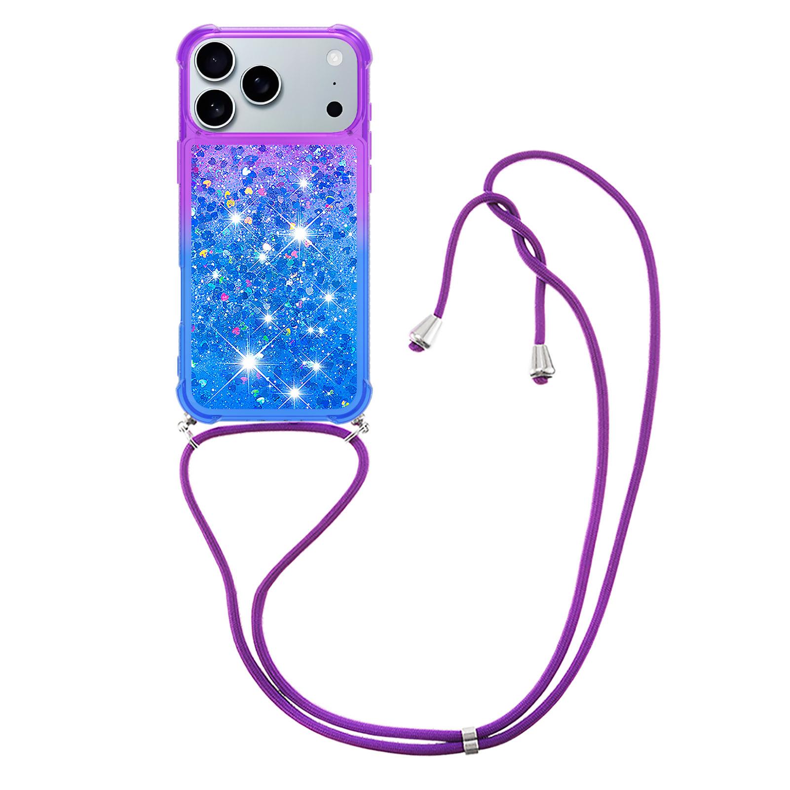 

For iPhone 17 Pro Max Phone Case Gradient Quicksand TPU Back Cover with Long Strap Purple/Blue