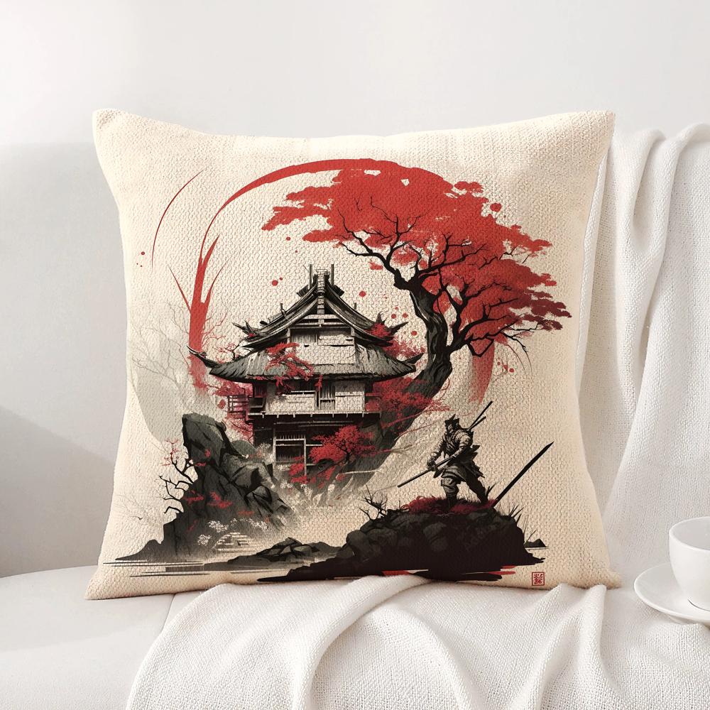 Chinese Ink Painting Style Cushion Cover Natural Linen Organic Fabric DoubleSided Printing Sofa Home Decor Breathable