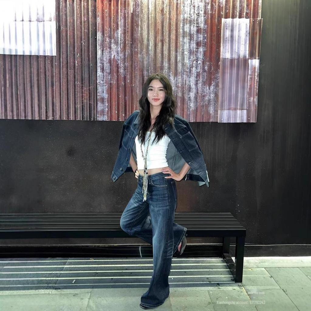 Retro Dark Blue Low Waist Wide Leg Straight Jeans for Women - Slim and Long 005L