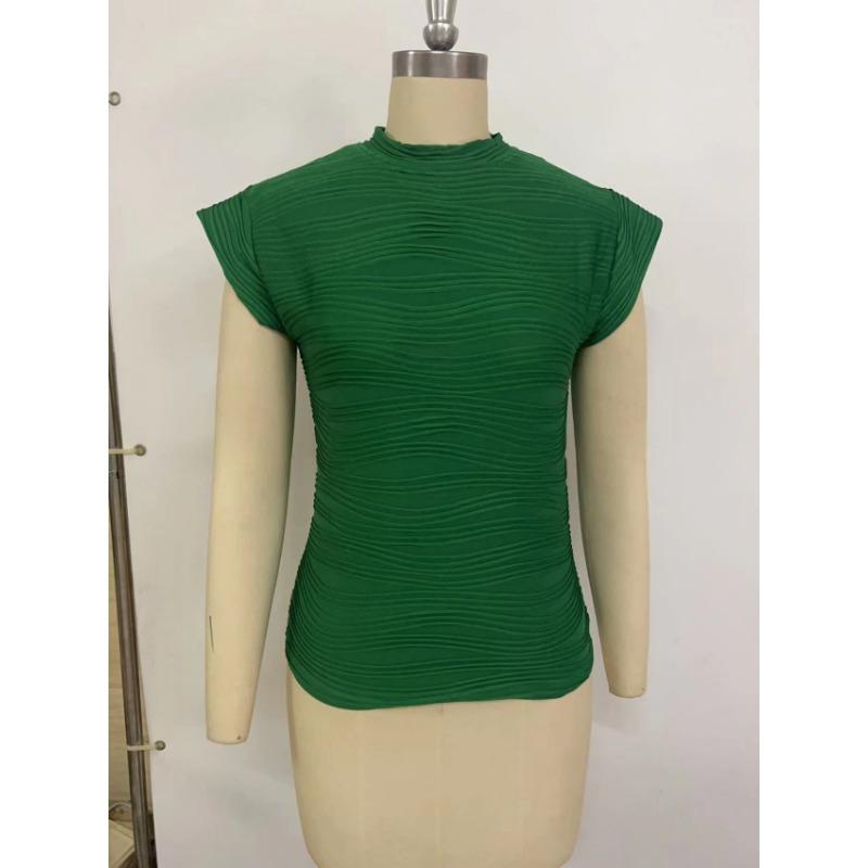 Summer Women's Half High Neck Textured Wave Stripe Button Short Sleeve Top