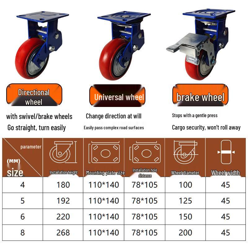 4/5/6/8 Inch PU Iron Core Shock Absorbing Polyurethane Wheel Heavy Duty Caster