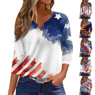 Women's Fashion Casual Independence Day American Flag Stars and Stripes Print Collar V-Neck Three-Quarter Sleeve Decorative Button-Up T-Shirt Top