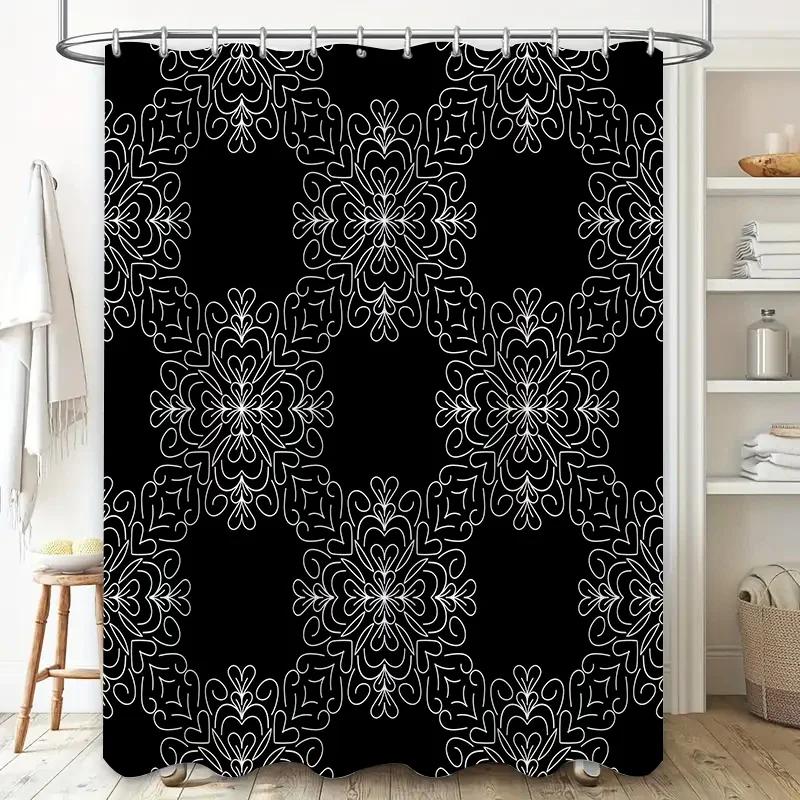 Stylish Black White Bath Curtain Decor With Snowflake Pattern Modern Shower Curtain For Bathroom, Non-Slip Waterproof Fabric
