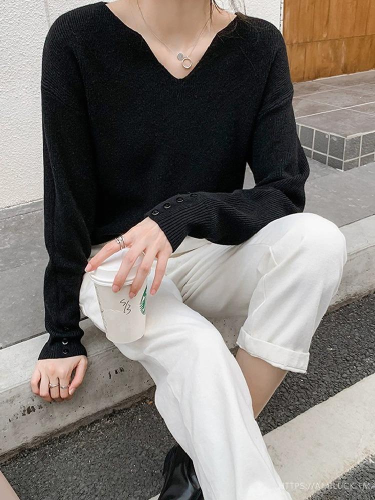 Women's Slim Fit V-Neck Knit Sweater, Long Sleeve Korean Style, Autumn/Winter 2025 Collection