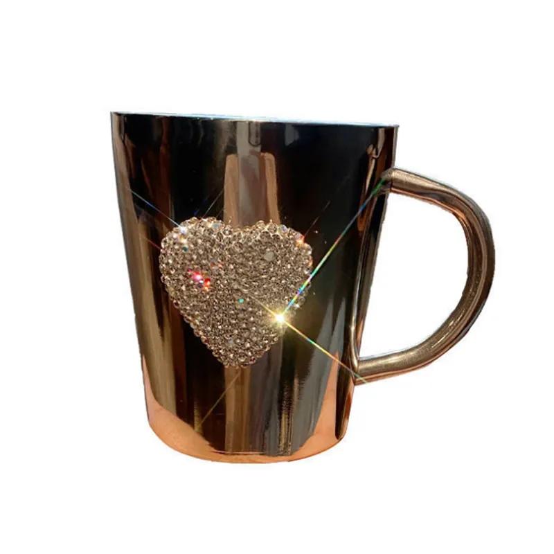 Diamond Studded Heart Shaped Water Cup Coffee Mug With Rhinestone Double Wall 304 Stainless Steel Cup 300ml Portable Mug Travel Tumbler Milk