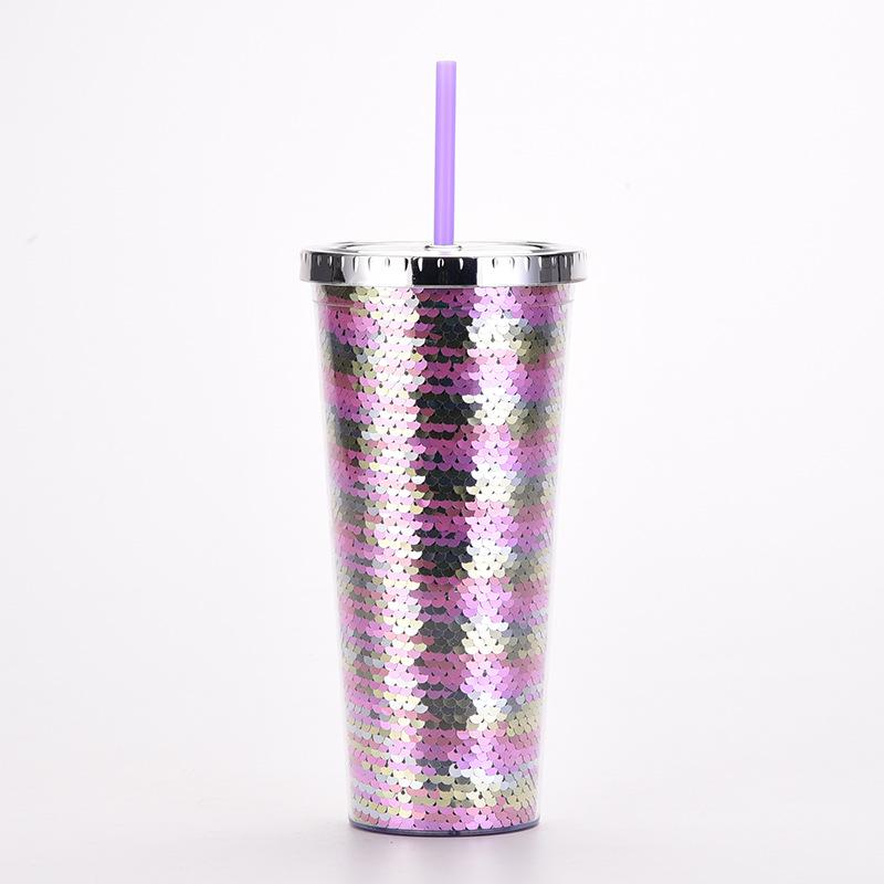 Double-Layer Plastic Cup, Sequined Straw Cup, Straight Cup, Summer Cold Drink Water Cup Can Be Determined