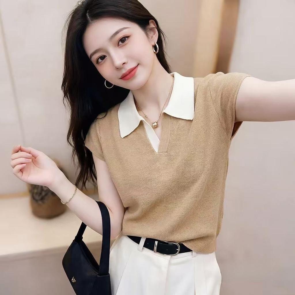 Summer New Color-matching POLO Collar Thin Short-sleeved Knitted Top for Women, Slimming and Fashionable, Versatile, with A V-neck Design. T-shirt