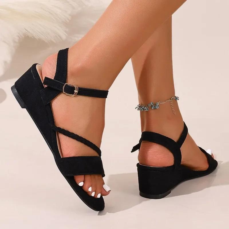 Fashion Plus Size Ladies Shoes 2025 Summer Open Toe Women's Sandals Outdoor Buckle Strap Round Toe Dress & Career Platform Wedge Sandals