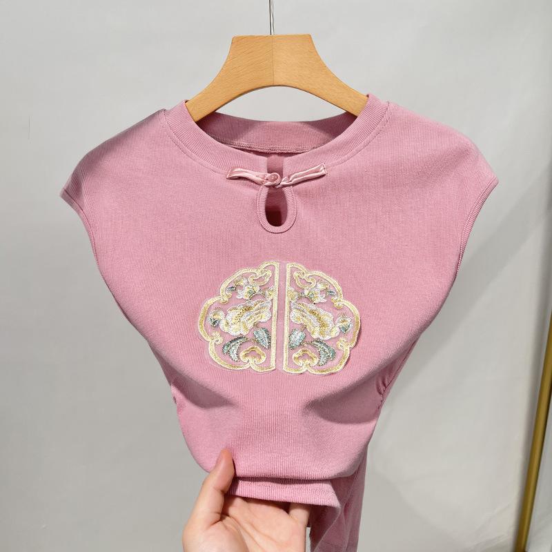 

Вышитая футболка с короткими рукавами, женская новая женская одежда, новая китайская футболка на пуговицах, темпераментный плиссированный топ с рукавами-мешками XL розовый