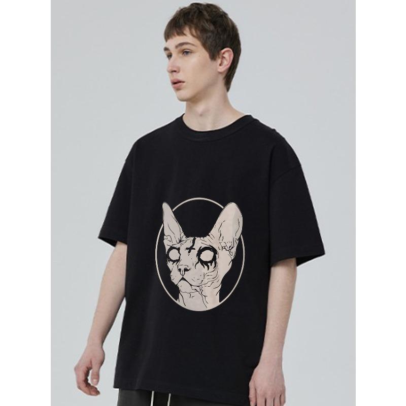 Black T Shirt with Sphynx Cat Skull Print for Casual Wear