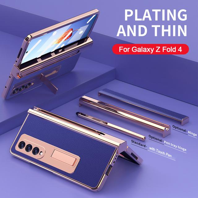2 Pcs Hinge Capa For Samsung Z Fold 4 5g Case Plating Touch Pen Slot Front Screen Glass Stand For Galaxy Z Fold 4 Fold4 Cover