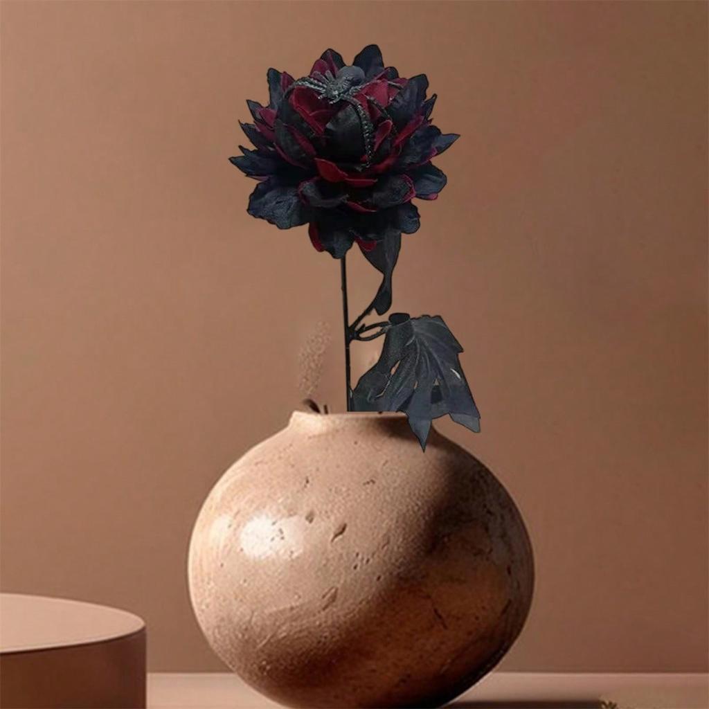 Halloween Artificial Flowers With Spider Black Faux Dahlia With Stem For Vase Gothic Table Centerpieces Home Party Decor