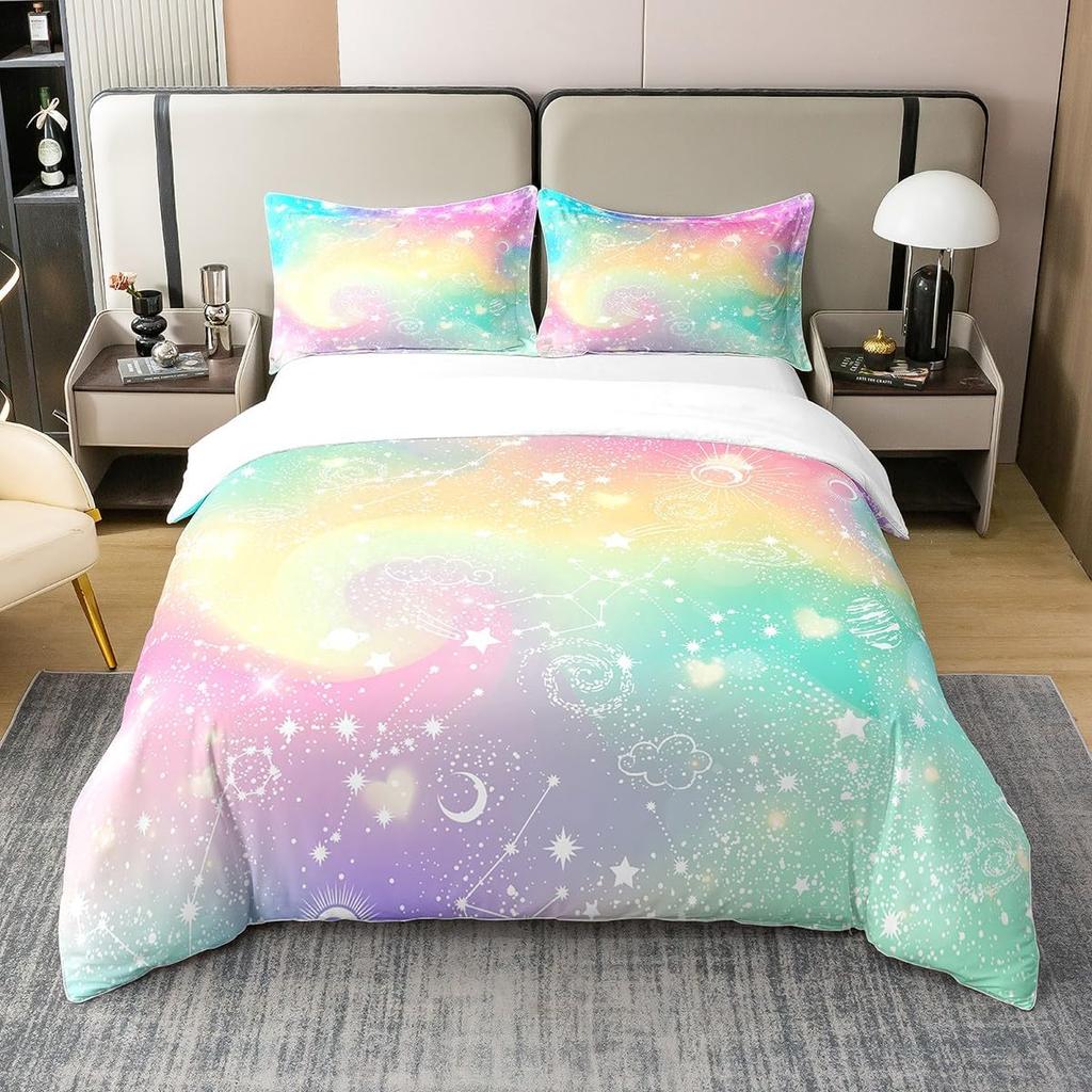 Rainbow Duvet Cover Single Galaxy Bedding Set For Boys Girls Decor Outer Space Comforter Cover Colorful Sun Moon Comforter Cover